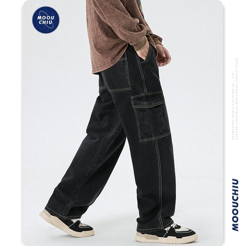 カーゴデニムパンツ ジーンズ ストレート メンズ ロング丈 作業 ゆったり カジュアル 多ポケットビター系 個性 ユーズド加工 ボトムズ ズボン | ホームアイホーム | 03