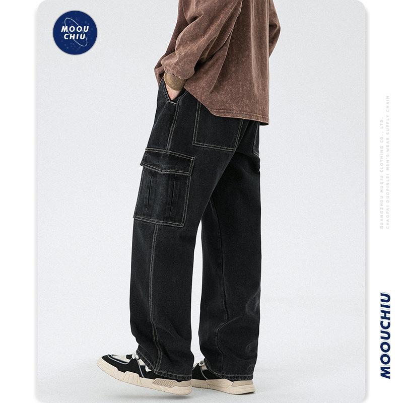 カーゴデニムパンツ ジーンズ ストレート メンズ ロング丈 作業 ゆったり カジュアル 多ポケットビター系 個性 ユーズド加工 ボトムズ ズボン | ホームアイホーム | 04