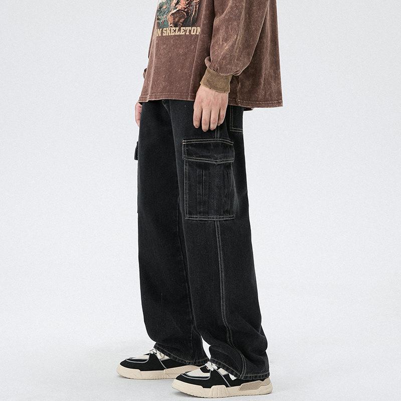 カーゴデニムパンツ ジーンズ ストレート メンズ ロング丈 作業 ゆったり カジュアル 多ポケットビター系 個性 ユーズド加工 ボトムズ ズボン | ホームアイホーム | 05