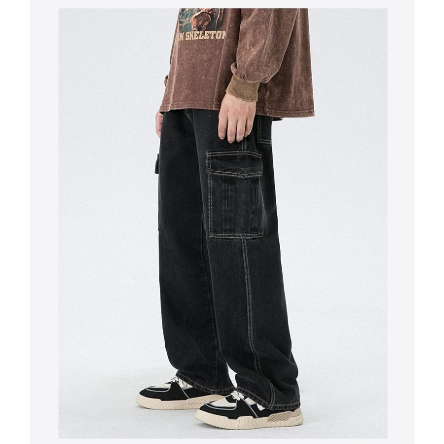 カーゴデニムパンツ ジーンズ ストレート メンズ ロング丈 作業 ゆったり カジュアル 多ポケットビター系 個性 ユーズド加工 ボトムズ ズボン | ホームアイホーム | 06