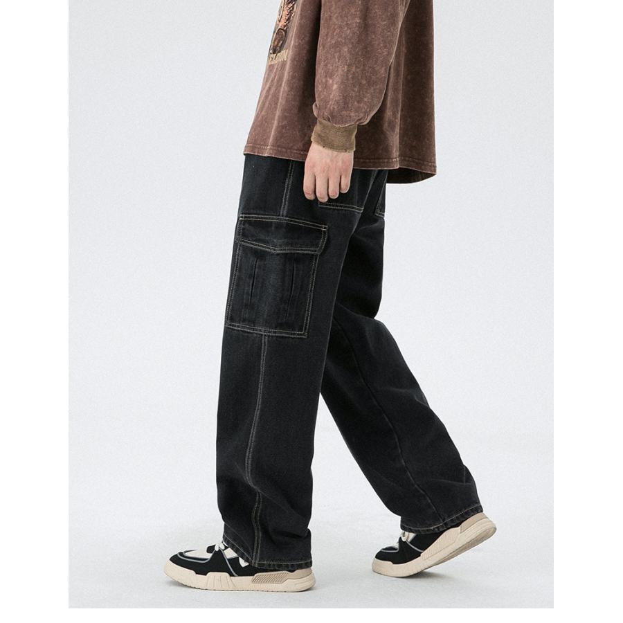 カーゴデニムパンツ ジーンズ ストレート メンズ ロング丈 作業 ゆったり カジュアル 多ポケットビター系 個性 ユーズド加工 ボトムズ ズボン | ホームアイホーム | 07