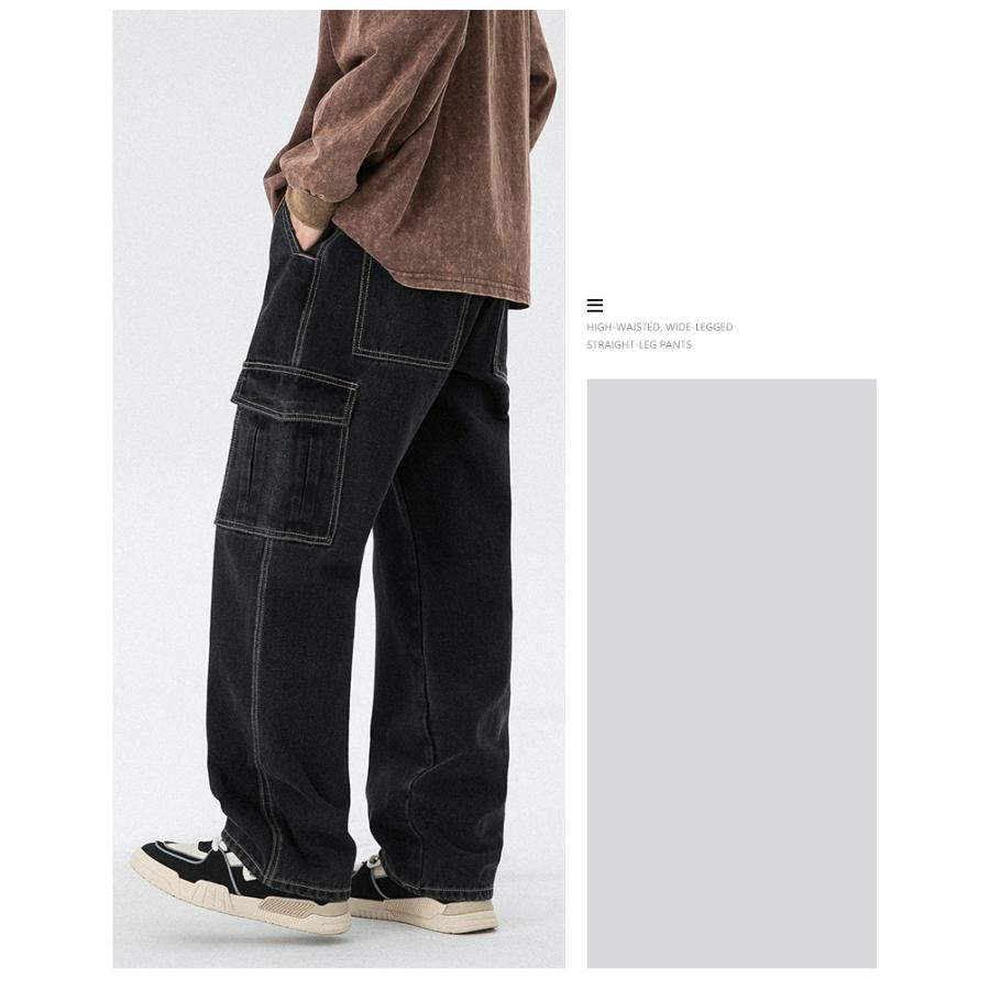 カーゴデニムパンツ ジーンズ ストレート メンズ ロング丈 作業 ゆったり カジュアル 多ポケットビター系 個性 ユーズド加工 ボトムズ ズボン | ホームアイホーム | 08