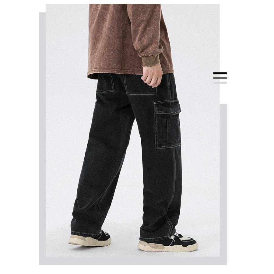 カーゴデニムパンツ ジーンズ ストレート メンズ ロング丈 作業 ゆったり カジュアル 多ポケットビター系 個性 ユーズド加工 ボトムズ ズボン | ホームアイホーム | 09