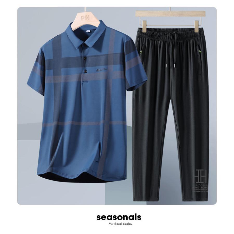 ゴルフウェア 上下セット 半袖ポロ イージーパンツ メンズ ゴムウェスト ドライ ひんやり ストレッチ チェック柄 ライン入り ワンポイント 吸汗速乾 おしゃれ | ホームアイホーム | 16