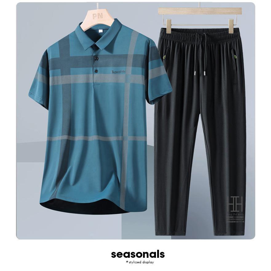 ゴルフウェア 上下セット 半袖ポロ イージーパンツ メンズ ゴムウェスト ドライ ひんやり ストレッチ チェック柄 ライン入り ワンポイント 吸汗速乾 おしゃれ | ホームアイホーム | 17