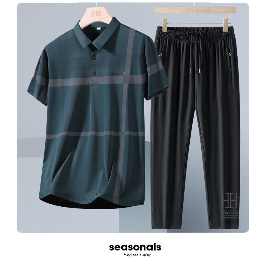 ゴルフウェア 上下セット 半袖ポロ イージーパンツ メンズ ゴムウェスト ドライ ひんやり ストレッチ チェック柄 ライン入り ワンポイント 吸汗速乾 おしゃれ | ホームアイホーム | 18