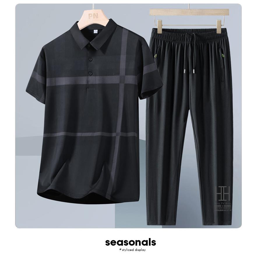 ゴルフウェア 上下セット 半袖ポロ イージーパンツ メンズ ゴムウェスト ドライ ひんやり ストレッチ チェック柄 ライン入り ワンポイント 吸汗速乾 おしゃれ | ホームアイホーム | 14