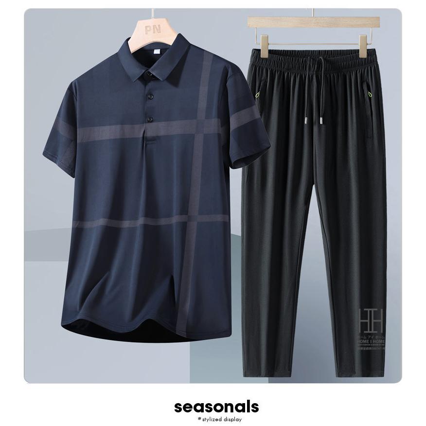 ゴルフウェア 上下セット 半袖ポロ イージーパンツ メンズ ゴムウェスト ドライ ひんやり ストレッチ チェック柄 ライン入り ワンポイント 吸汗速乾 おしゃれ | ホームアイホーム | 15