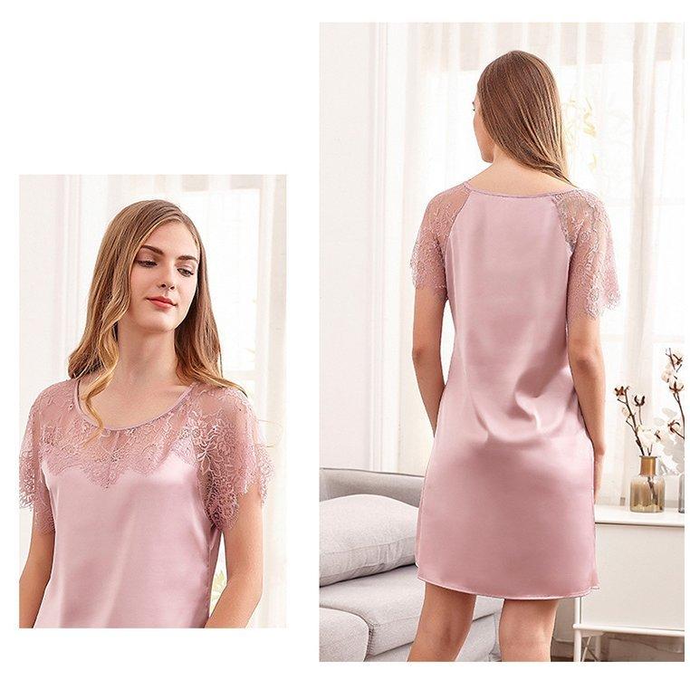 スリップ キャミソール 半袖 レディース ワンピース ひざ丈 ランジェリー ミディアム丈 サテン調 レース 無地 ルームウエア セクシー | ホームアイホーム | 10