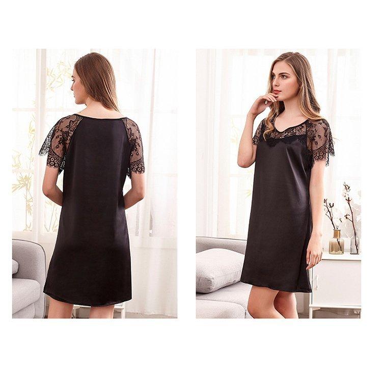 スリップ キャミソール 半袖 レディース ワンピース ひざ丈 ランジェリー ミディアム丈 サテン調 レース 無地 ルームウエア セクシー | ホームアイホーム | 14
