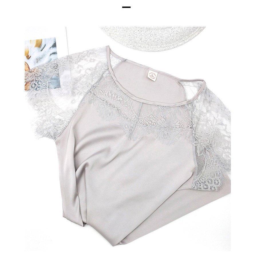 スリップ キャミソール 半袖 レディース ワンピース ひざ丈 ランジェリー ミディアム丈 サテン調 レース 無地 ルームウエア セクシー | ホームアイホーム | 16