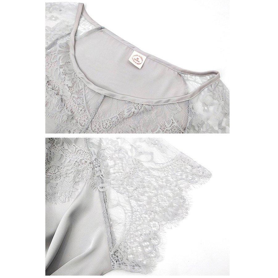 スリップ キャミソール 半袖 レディース ワンピース ひざ丈 ランジェリー ミディアム丈 サテン調 レース 無地 ルームウエア セクシー | ホームアイホーム | 17