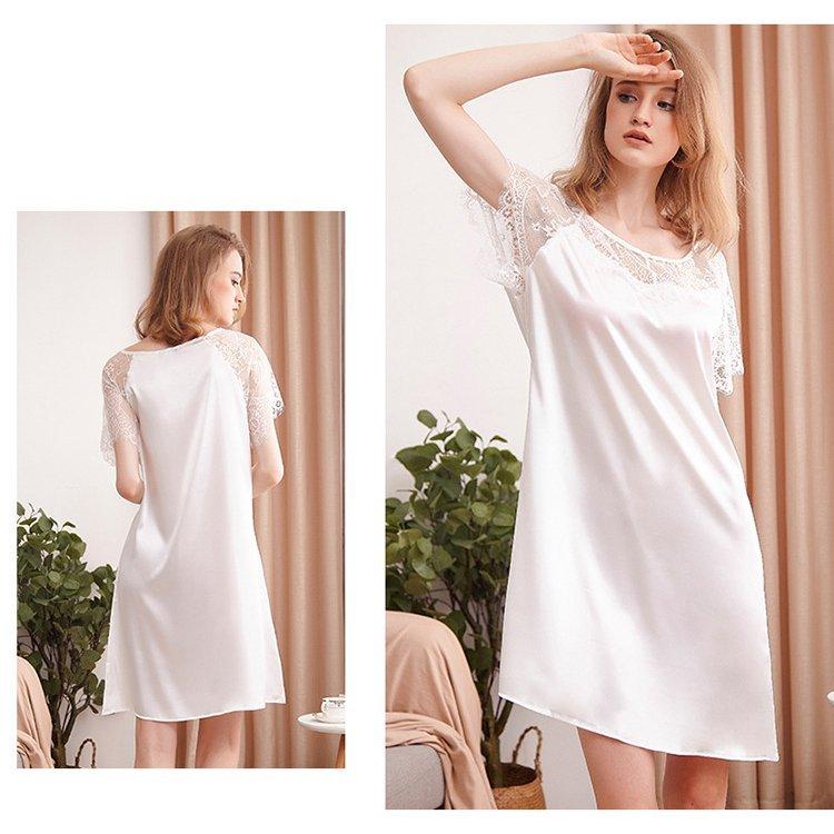 スリップ キャミソール 半袖 レディース ワンピース ひざ丈 ランジェリー ミディアム丈 サテン調 レース 無地 ルームウエア セクシー | ホームアイホーム | 04