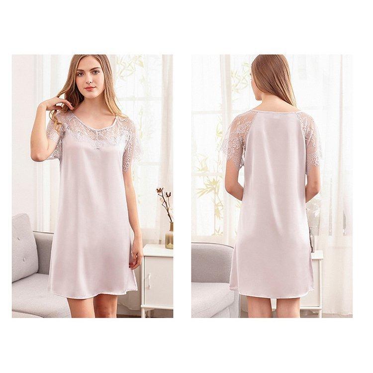 スリップ キャミソール 半袖 レディース ワンピース ひざ丈 ランジェリー ミディアム丈 サテン調 レース 無地 ルームウエア セクシー | ホームアイホーム | 06