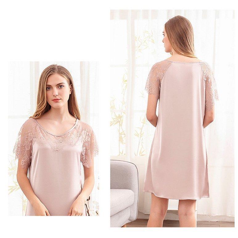 スリップ キャミソール 半袖 レディース ワンピース ひざ丈 ランジェリー ミディアム丈 サテン調 レース 無地 ルームウエア セクシー | ホームアイホーム | 08