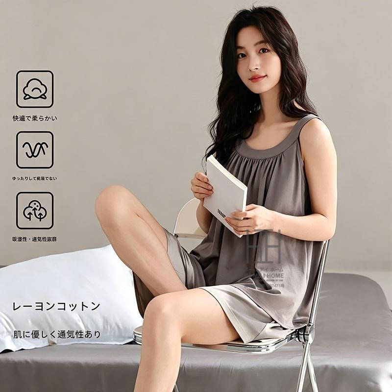 パジャマ レディース 夏用 2点セット タンクトップ ショートパンツ 短パン 部屋着 涼感 ストレッチ 柔らかい ルームウェア 吸湿 薄手 体型カバー 大きいサイズ | ホームアイホーム