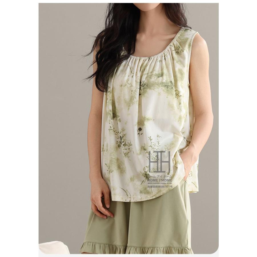 ルームウェアセット カップ付きタンクトップ ショートパンツ 2点セット パジャマ レディース 柄物 水墨 染め柄 ストレッチ 体型カバー 女性 大きいサイズ 夏用 | ホームアイホーム | 13