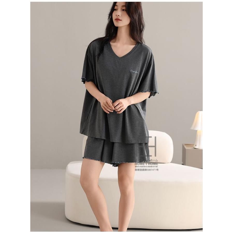 ルームウェアセット パジャマ レディース 2点セット 半袖Tシャツ ショートパンツ カップ付き Vネック 抗菌 防臭 接触冷感 大きいサイズ 体型カバー 夏用 部屋着 | ホームアイホーム | 13