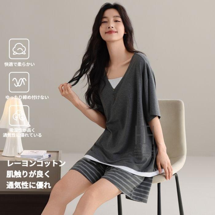 パジャマ レディース ルームウェアセット 2点セット フェイクレイヤード 重ね着風 Vネック カップ付きtシャツ 半袖 ショートパンツ ボーダー柄 部屋着 お出かけ | ホームアイホーム