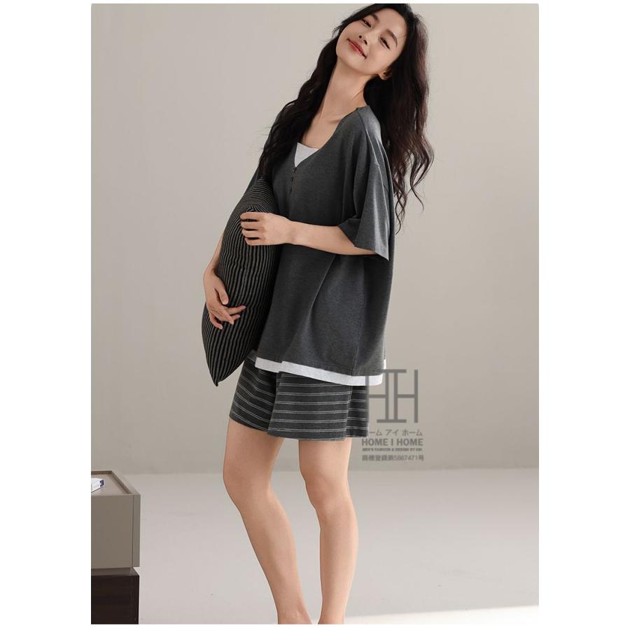 パジャマ レディース ルームウェアセット 2点セット フェイクレイヤード 重ね着風 Vネック カップ付きtシャツ 半袖 ショートパンツ ボーダー柄 部屋着 お出かけ | ホームアイホーム | 13