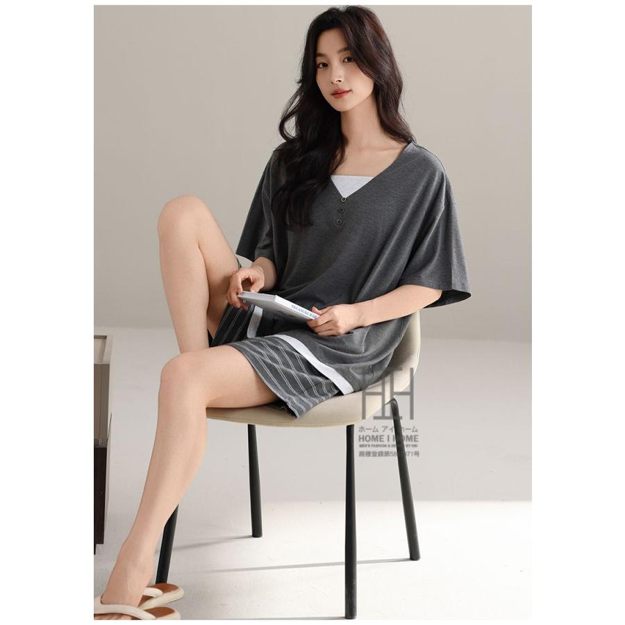 パジャマ レディース ルームウェアセット 2点セット フェイクレイヤード 重ね着風 Vネック カップ付きtシャツ 半袖 ショートパンツ ボーダー柄 部屋着 お出かけ | ホームアイホーム | 14