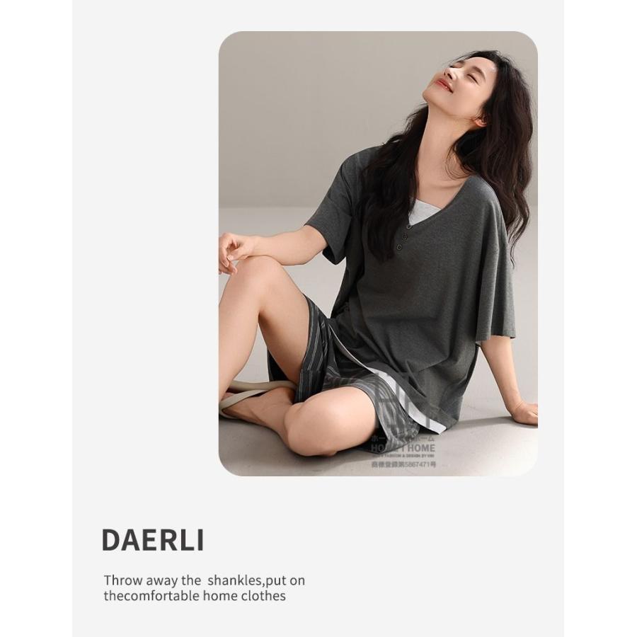 パジャマ レディース ルームウェアセット 2点セット フェイクレイヤード 重ね着風 Vネック カップ付きtシャツ 半袖 ショートパンツ ボーダー柄 部屋着 お出かけ | ホームアイホーム | 15