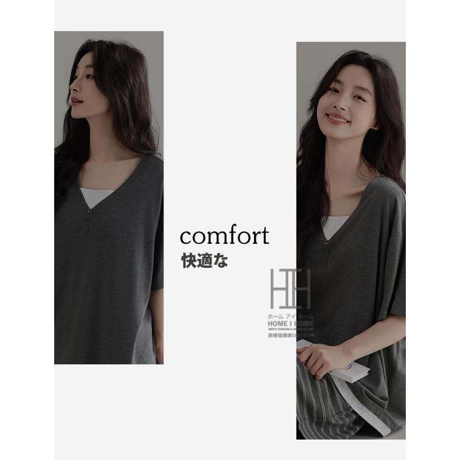 パジャマ レディース ルームウェアセット 2点セット フェイクレイヤード 重ね着風 Vネック カップ付きtシャツ 半袖 ショートパンツ ボーダー柄 部屋着 お出かけ | ホームアイホーム | 02