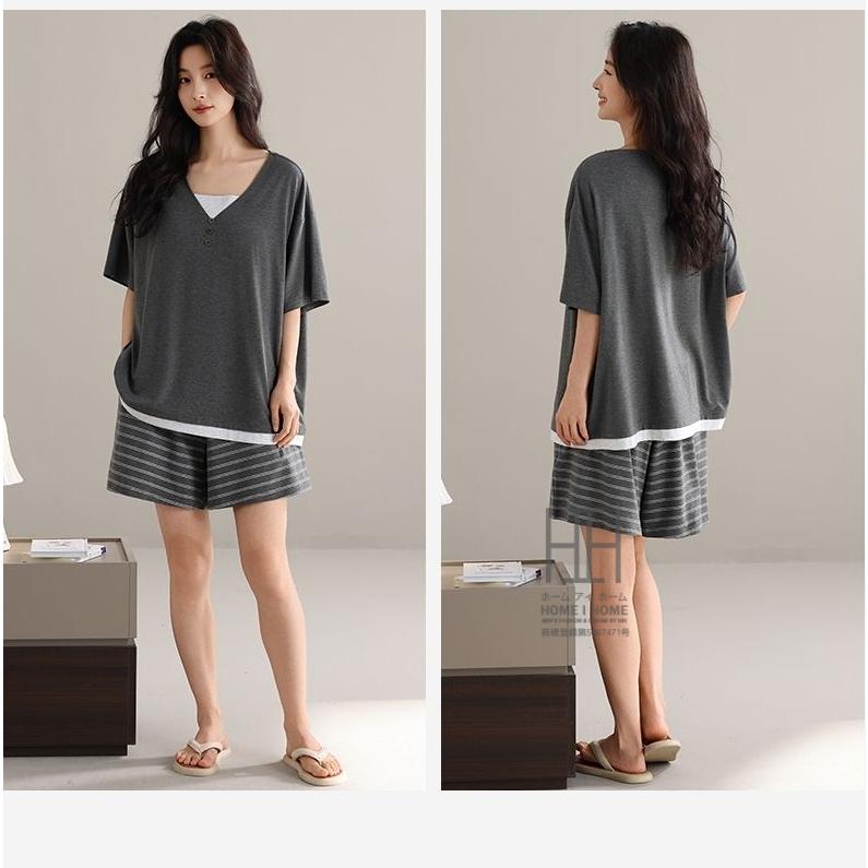 パジャマ レディース ルームウェアセット 2点セット フェイクレイヤード 重ね着風 Vネック カップ付きtシャツ 半袖 ショートパンツ ボーダー柄 部屋着 お出かけ | ホームアイホーム | 03