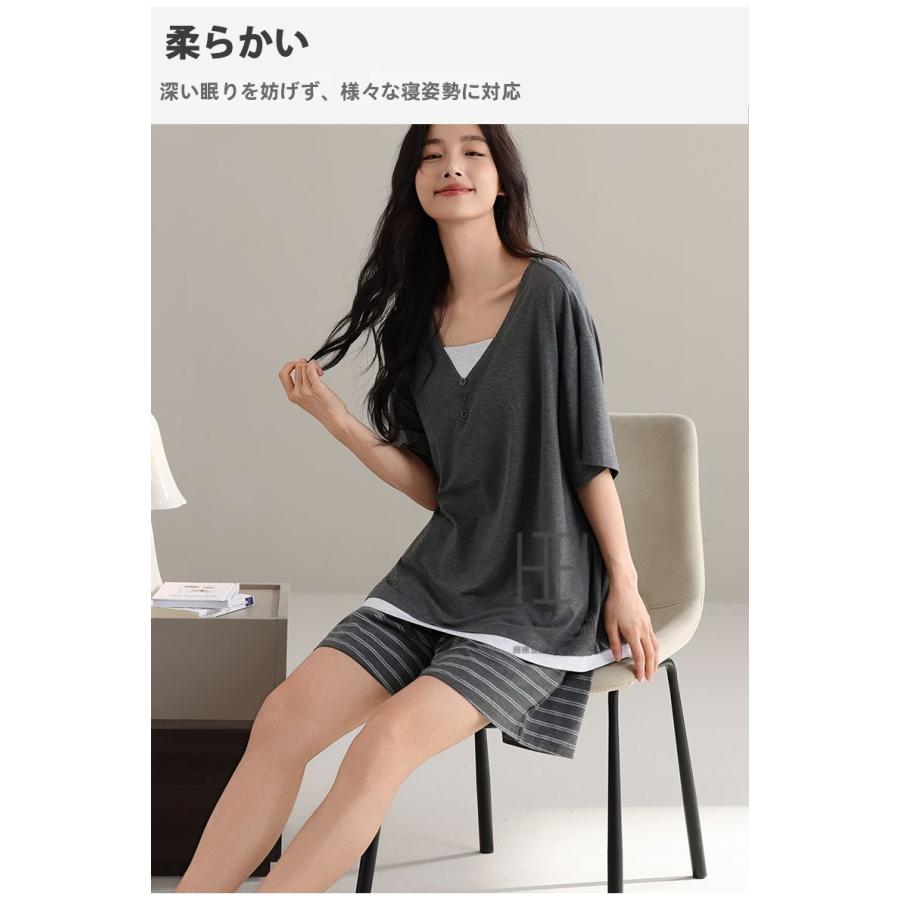 パジャマ レディース ルームウェアセット 2点セット フェイクレイヤード 重ね着風 Vネック カップ付きtシャツ 半袖 ショートパンツ ボーダー柄 部屋着 お出かけ | ホームアイホーム | 10