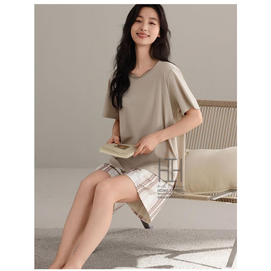 パジャマ レディース 夏用 半袖Tシャツ ショートパンツ 2点セット ゆったり 部屋着 ストレッチ ルームウェアセット お出かけ 涼感 抗菌 体型カバー 大きいサイズ | ホームアイホーム | 13
