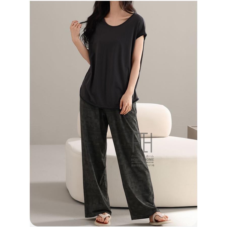 ルームウェアセット パジャマ レディース 2点セット カップ付き Tシャツ ロングパンツ ストレッチ 柄物 部屋着 お出かけ 体型カバー 静電気防止 大きいサイズ | ホームアイホーム | 14