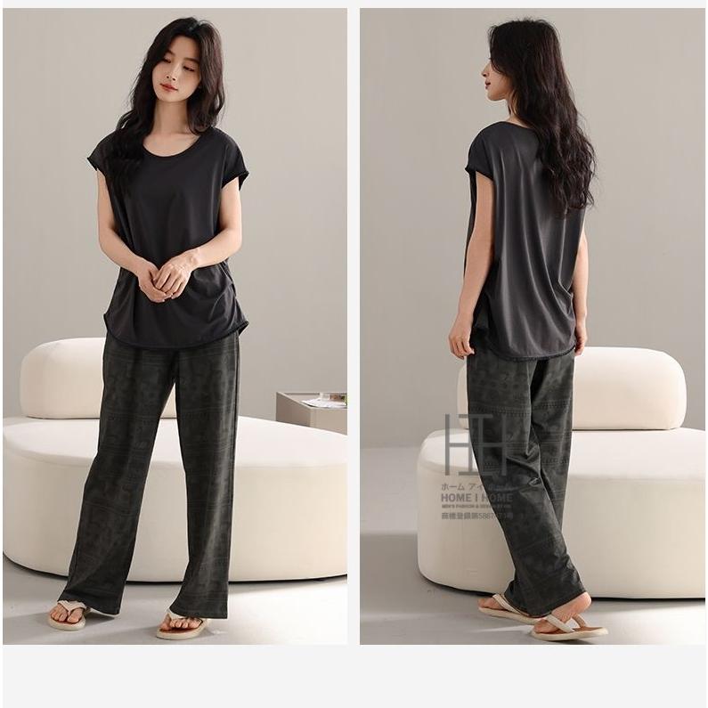 ルームウェアセット パジャマ レディース 2点セット カップ付き Tシャツ ロングパンツ ストレッチ 柄物 部屋着 お出かけ 体型カバー 静電気防止 大きいサイズ | ホームアイホーム | 03