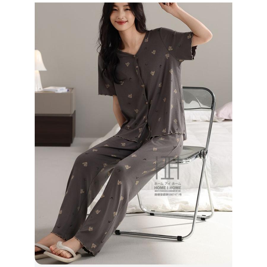 パジャマ レディース 夏用 2点セット 半袖Tシャツ ロングパンツ 部屋着 ルームウェアセット 上下セット ストレッチ 柄物 お出かけ 体型カバー 大きいサイズ | ホームアイホーム | 13