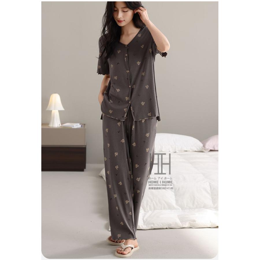 パジャマ レディース 夏用 2点セット 半袖Tシャツ ロングパンツ 部屋着 ルームウェアセット 上下セット ストレッチ 柄物 お出かけ 体型カバー 大きいサイズ | ホームアイホーム | 14