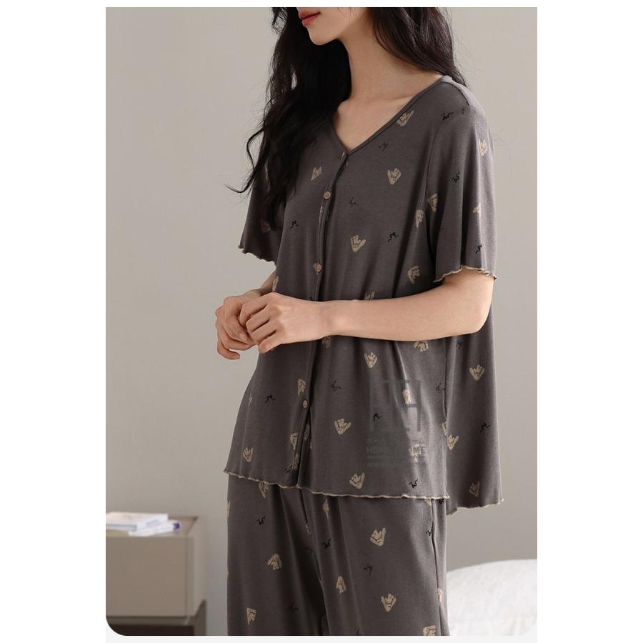 パジャマ レディース 夏用 2点セット 半袖Tシャツ ロングパンツ 部屋着 ルームウェアセット 上下セット ストレッチ 柄物 お出かけ 体型カバー 大きいサイズ | ホームアイホーム | 15