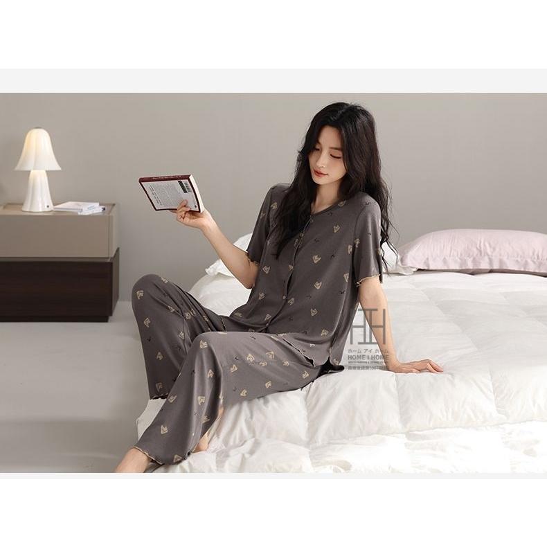 パジャマ レディース 夏用 2点セット 半袖Tシャツ ロングパンツ 部屋着 ルームウェアセット 上下セット ストレッチ 柄物 お出かけ 体型カバー 大きいサイズ | ホームアイホーム | 17