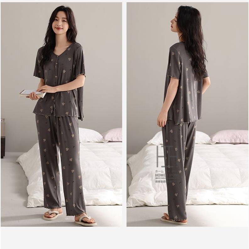 パジャマ レディース 夏用 2点セット 半袖Tシャツ ロングパンツ 部屋着 ルームウェアセット 上下セット ストレッチ 柄物 お出かけ 体型カバー 大きいサイズ | ホームアイホーム | 03