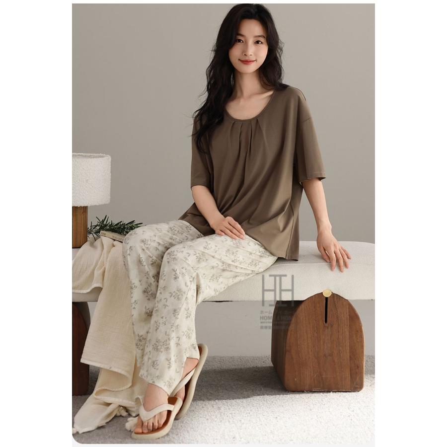 ルームウェアセット レディース パジャマ ホームウェア 2点セット カップ付き 半袖Tシャツ ロングパンツ 静電気防止 体型カバー 大きいサイズ プレゼント | ホームアイホーム | 13