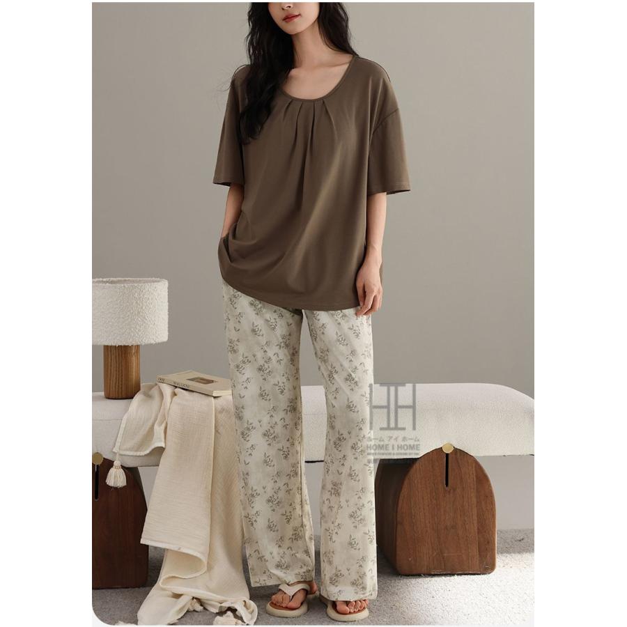 ルームウェアセット レディース パジャマ ホームウェア 2点セット カップ付き 半袖Tシャツ ロングパンツ 静電気防止 体型カバー 大きいサイズ プレゼント | ホームアイホーム | 14