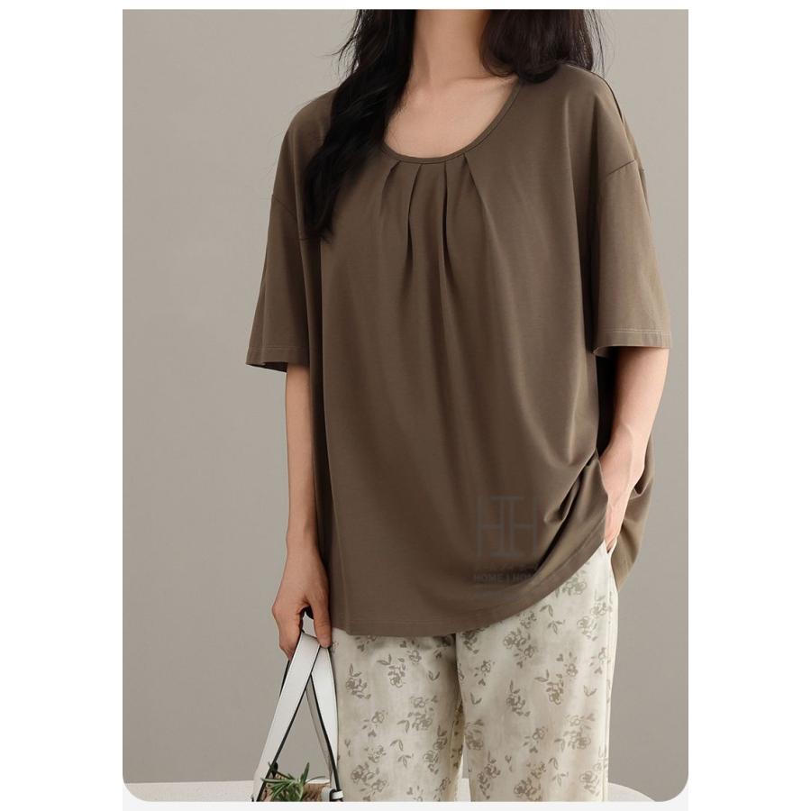 ルームウェアセット レディース パジャマ ホームウェア 2点セット カップ付き 半袖Tシャツ ロングパンツ 静電気防止 体型カバー 大きいサイズ プレゼント | ホームアイホーム | 15