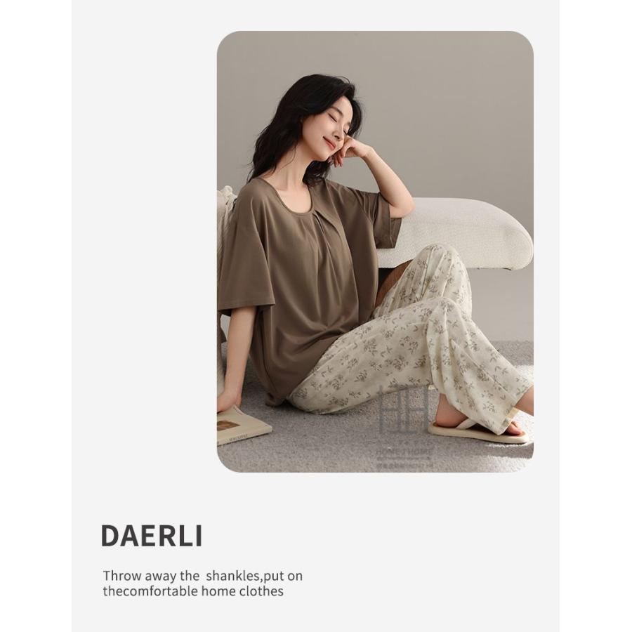 ルームウェアセット レディース パジャマ ホームウェア 2点セット カップ付き 半袖Tシャツ ロングパンツ 静電気防止 体型カバー 大きいサイズ プレゼント | ホームアイホーム | 16