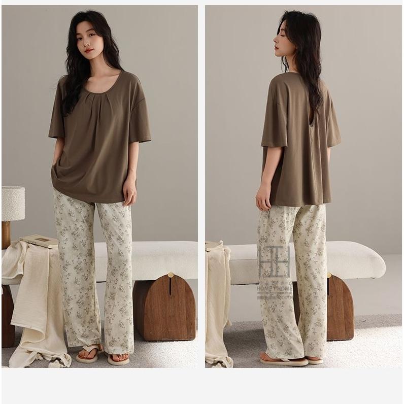 ルームウェアセット レディース パジャマ ホームウェア 2点セット カップ付き 半袖Tシャツ ロングパンツ 静電気防止 体型カバー 大きいサイズ プレゼント | ホームアイホーム | 03
