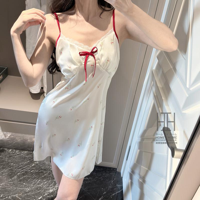 ランジェリー スリップ レディース キャミソール パジャマ サテン風 Vネック レース カップ付き 光沢 ひんやり 部屋着 可愛い セクシー 涼感 ルームウェア | ホームアイホーム