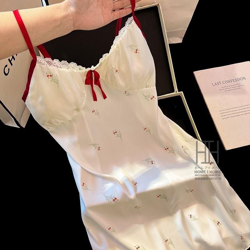 ランジェリー スリップ レディース キャミソール パジャマ サテン風 Vネック レース カップ付き 光沢 ひんやり 部屋着 可愛い セクシー 涼感 ルームウェア | ホームアイホーム | 03