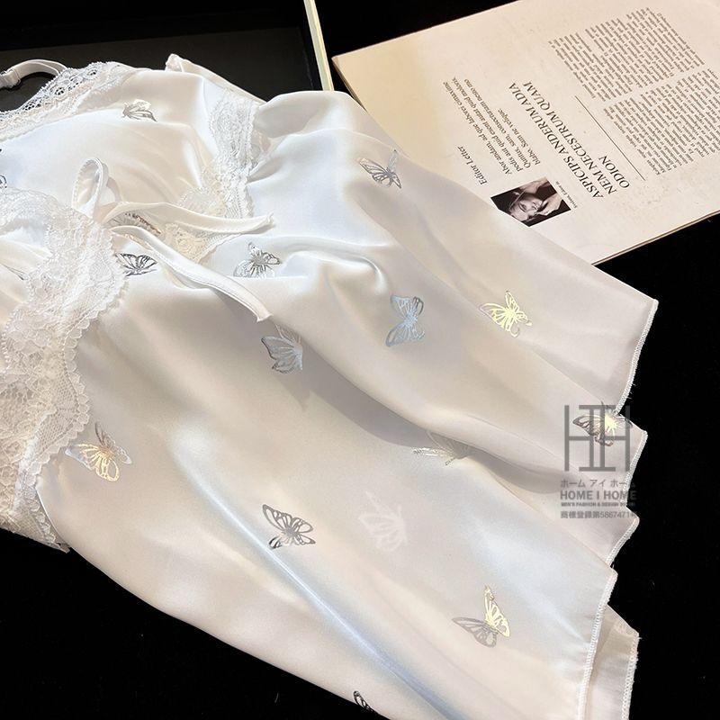 パジャマ 2点セット レディース キャミソール ショートパンツ カップ付き サテン調 光沢 蝶柄 接触冷感 Vネック リボン 夏 部屋着 ルームウェア かわいい ギフト | ホームアイホーム | 13