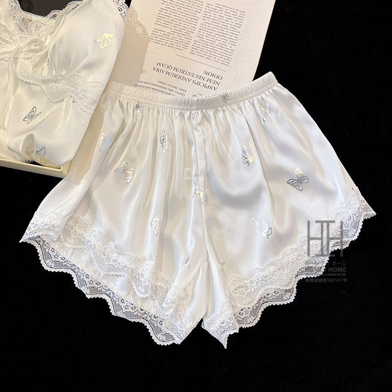 パジャマ 2点セット レディース キャミソール ショートパンツ カップ付き サテン調 光沢 蝶柄 接触冷感 Vネック リボン 夏 部屋着 ルームウェア かわいい ギフト | ホームアイホーム | 14