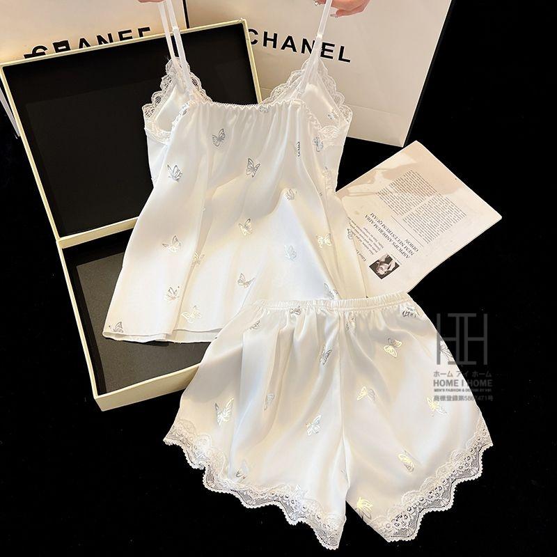 パジャマ 2点セット レディース キャミソール ショートパンツ カップ付き サテン調 光沢 蝶柄 接触冷感 Vネック リボン 夏 部屋着 ルームウェア かわいい ギフト | ホームアイホーム | 16