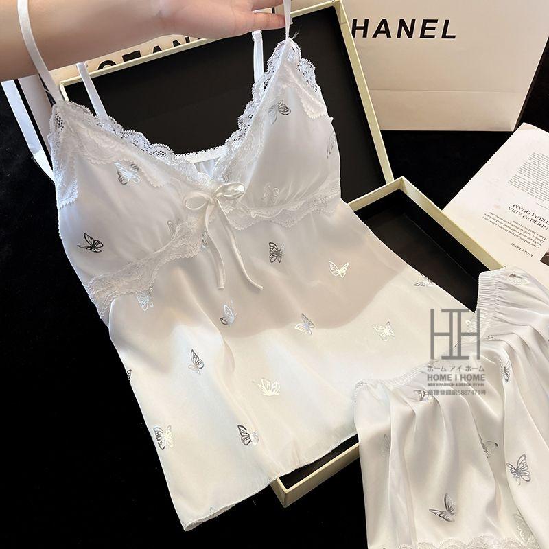 パジャマ 2点セット レディース キャミソール ショートパンツ カップ付き サテン調 光沢 蝶柄 接触冷感 Vネック リボン 夏 部屋着 ルームウェア かわいい ギフト | ホームアイホーム | 03