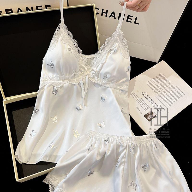 パジャマ 2点セット レディース キャミソール ショートパンツ カップ付き サテン調 光沢 蝶柄 接触冷感 Vネック リボン 夏 部屋着 ルームウェア かわいい ギフト | ホームアイホーム | 04
