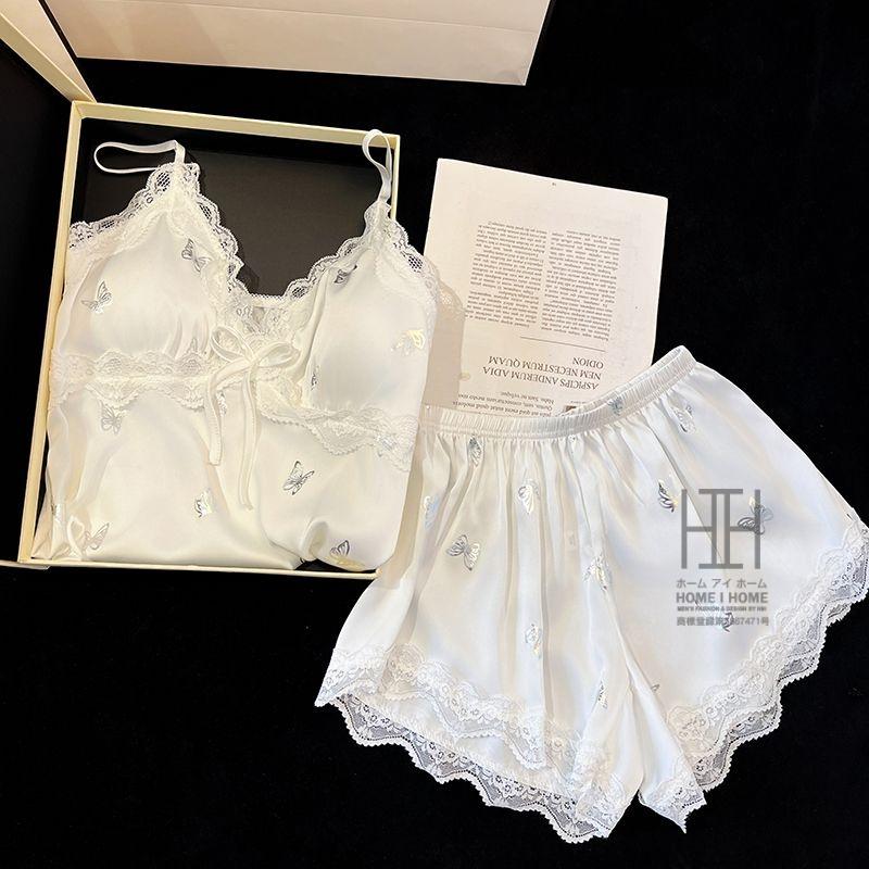 パジャマ 2点セット レディース キャミソール ショートパンツ カップ付き サテン調 光沢 蝶柄 接触冷感 Vネック リボン 夏 部屋着 ルームウェア かわいい ギフト | ホームアイホーム | 05